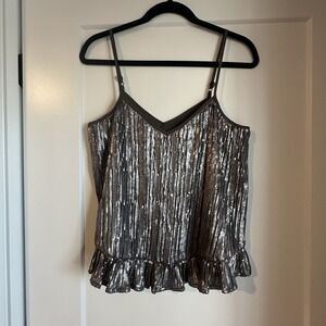 Anthropologie Amelie Holiday Gunmetal Gray Sequin Ruffle Hem Tank Top Cami Sz 4
